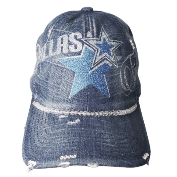 Dallas Football Denim Adj. Cap with Beads, Shiny Lettering, & Swrk. Cry. - Picture 1 of 5